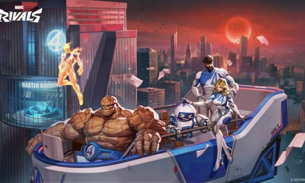 Imagem promocional da primeira temporada/season 1 do jogo "Marvel Rivals", com os quatro novos heróis disponíveis para jogo: Tocha Humana, Coisa, Senhor Incrível, Mulher Invisível, nessa ordem da direita à esquerda. Há um crepúsculo em cidade ao fundo.