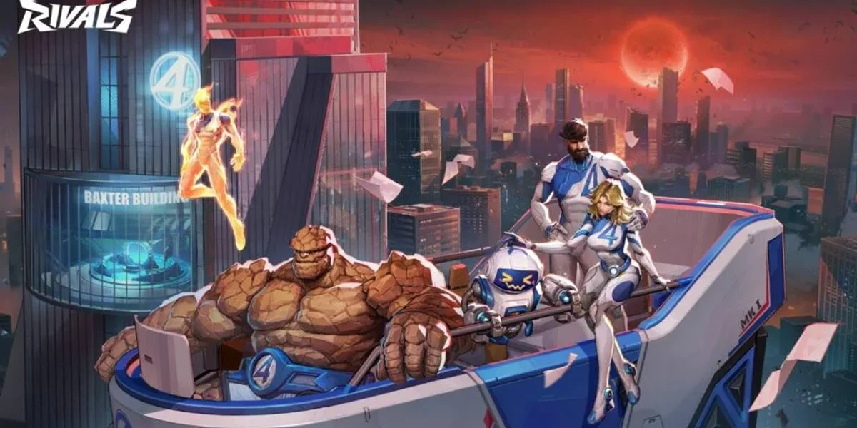 Imagem promocional da primeira temporada/season 1 do jogo "Marvel Rivals", com os quatro novos heróis disponíveis para jogo: Tocha Humana, Coisa, Senhor Incrível, Mulher Invisível, nessa ordem da direita à esquerda. Há um crepúsculo em cidade ao fundo.