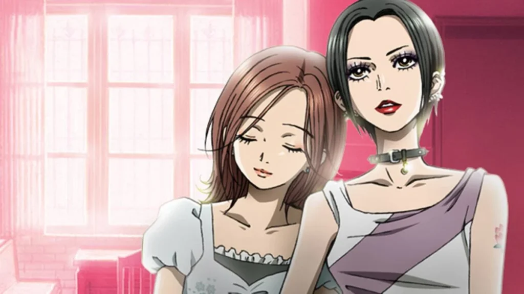 10 Animes na Netflix que Você Não Pode Perder 4 Protagonistas de "Nana" vestidas com roupas claras, uma encostada no ombro da outra. O fundo é rosa.