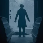 Porta aberta, com silhueta ao fundo, e dois caixões em destaque, no longa "Nosferatu" (2024), de Eggers.