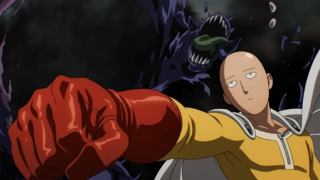 11 Principais Animes de 2025 | O Que Volta e o Que Estreia 6 Protagonista de "One Punch Man" conforme visto no primeiro episódio, uniformizado e dando um soco em um monstro.
