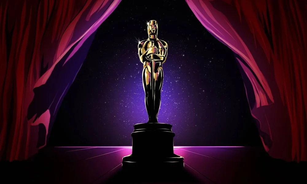 Imagem promocional dos prêmios Oscar, com a estatueta em um fundo roxo, com cortinas na paleta de cores simulando o teatro da premiação.