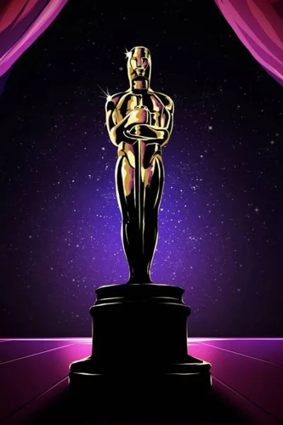 Oscar 2026 | Confira os Vencedores Imagem promocional dos prêmios Oscar, com a estatueta em um fundo roxo, com cortinas na paleta de cores simulando o teatro da premiação.
