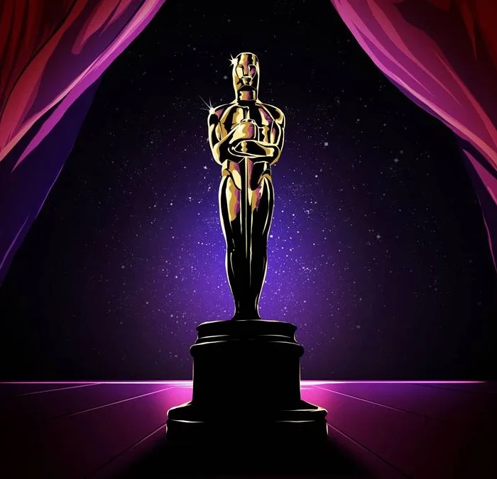 Imagem promocional dos prêmios Oscar, com a estatueta em um fundo roxo, com cortinas na paleta de cores simulando o teatro da premiação.