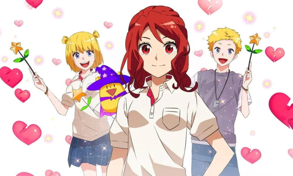 A protagonista de "Romantic Killer", Anzu Hoshino, cercada por três versões de Riri, sua "fada madrinha", duas delas humanizadas. Anime está disponível pela Netflix.