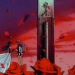 Utena e Anthy, à esquerda, meio a um campo de rosas com pétalas esvoaçantes em um fim de tarde no anime "Shoujo Kakumei Utena".