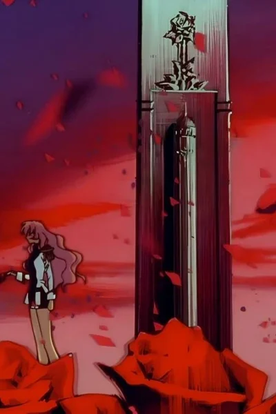 Utena e Anthy, à esquerda, meio a um campo de rosas com pétalas esvoaçantes em um fim de tarde no anime "Shoujo Kakumei Utena".