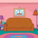 Cenário vazio, sem personagens, da casa da série "Os Simpsons", animação da Fox/Disney. Vemos a sala centralizada no sofá.