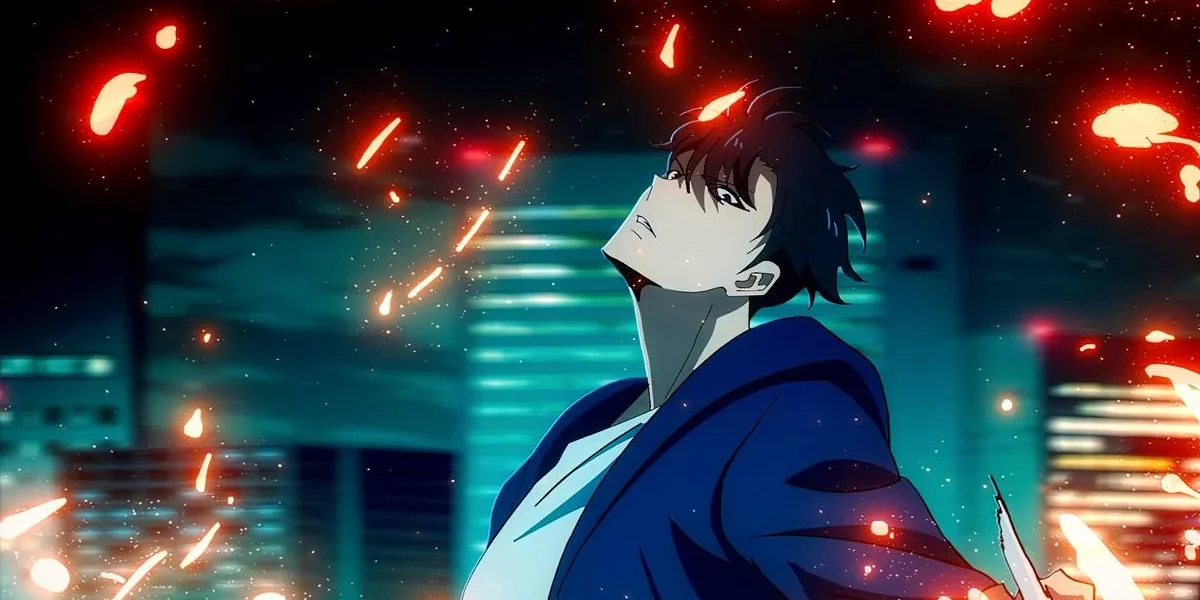 Protagonista de "Solo Leveling" com os braços abertos para trás e cercado de faíscas.