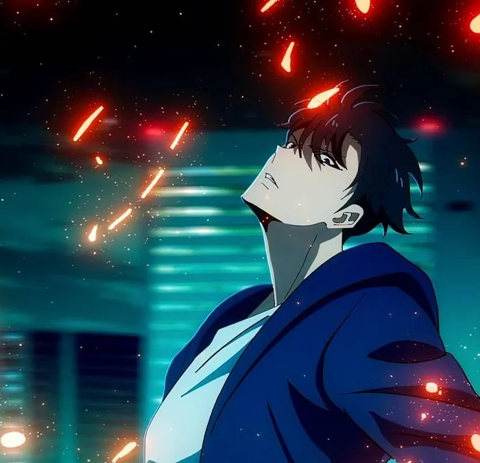 Protagonista de "Solo Leveling" com os braços abertos para trás e cercado de faíscas.