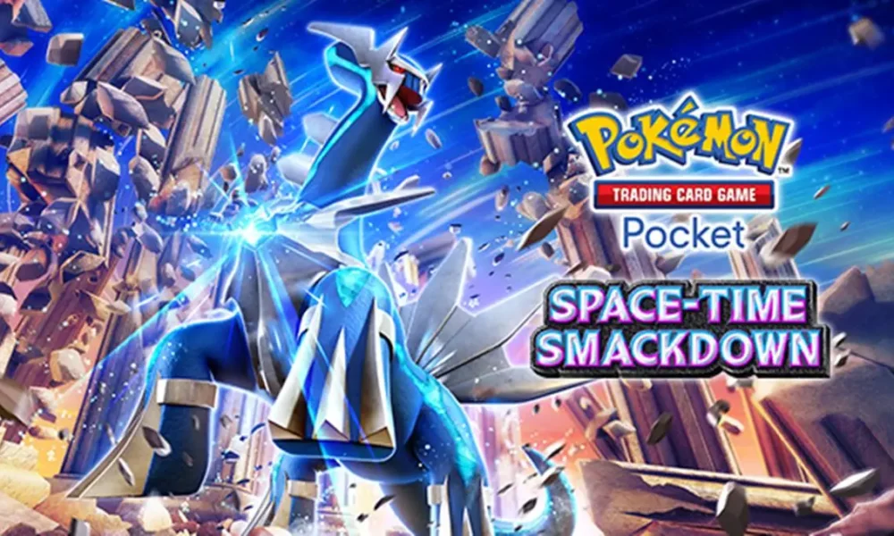 Capa de divulgação da expansão "Space-Time Smackdown" de Pokémon TCG, com Dialga em destaque.