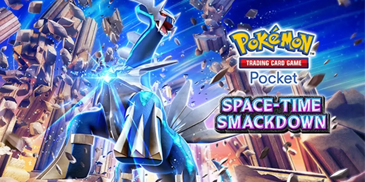 Capa de divulgação da expansão "Space-Time Smackdown" de Pokémon TCG, com Dialga em destaque.