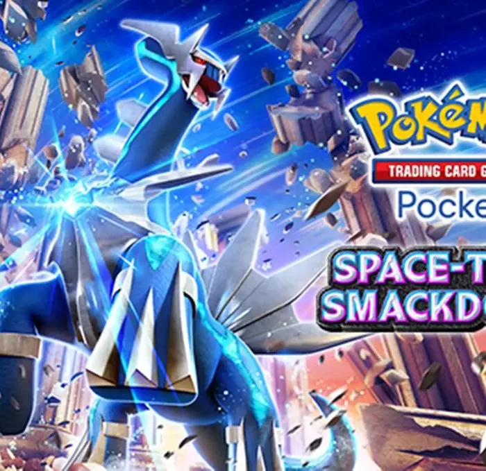 Capa de divulgação da expansão "Space-Time Smackdown" de Pokémon TCG, com Dialga em destaque.
