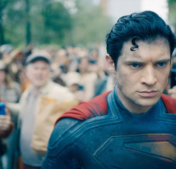 David Corenswet como o protagonista do longa "Superman", de 2025. Personagem está com o traje e cabelo característicos do homem de aço, com um olhar sério, irritadiço, cheio de foligem, e uma multidão o fotografa.
