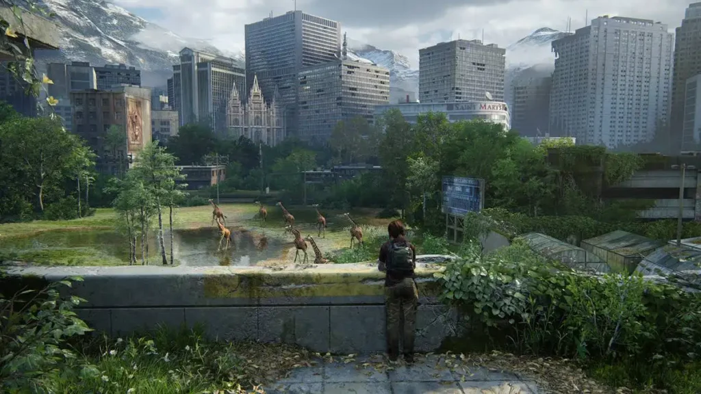 10 Finais Mais Odiados de Todos os Tempos: Do Luxo ao Lixo 3 Paisagem do jogo "The Last of Us" (primeira parte), com Ellie olhando a natureza se desenvolvendo a partir de uma cidade grande abandonada.