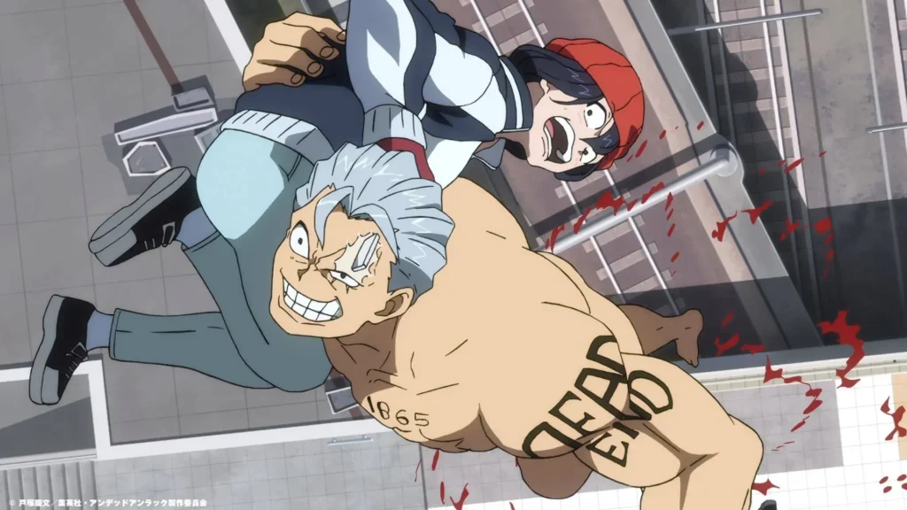 11 Principais Animes de 2025 | O Que Volta e o Que Estreia 4 Protagonistas de "Undead Unluck" (2023), Fuuko e Andy. Andy está sem camisa, um sorriso largo, e carregando a Fuuko no ombro direito, fugindo de algo.