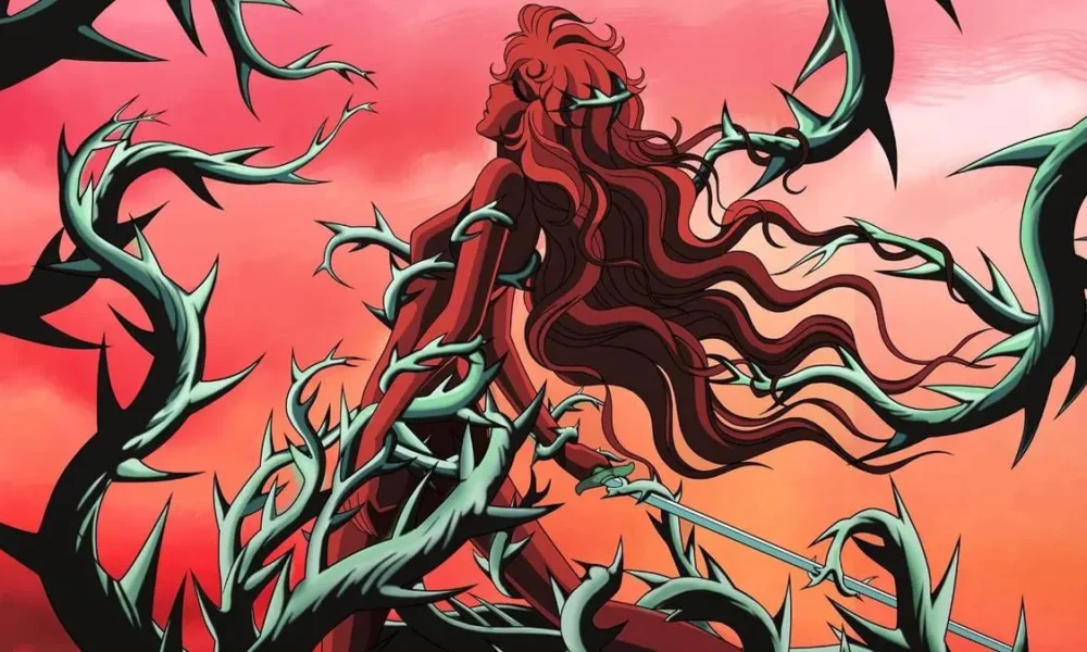 Oscar, protagonista de "Rosa de Versalhes", conforme a abertura. Seu corpo, todo em tom vermelho, está sendo tomado por espinhos de rosas.