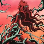 Oscar, protagonista de "Rosa de Versalhes", conforme a abertura. Seu corpo, todo em tom vermelho, está sendo tomado por espinhos de rosas.