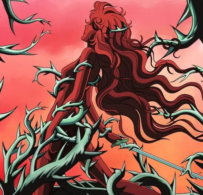 Oscar, protagonista de "Rosa de Versalhes", conforme a abertura. Seu corpo, todo em tom vermelho, está sendo tomado por espinhos de rosas.