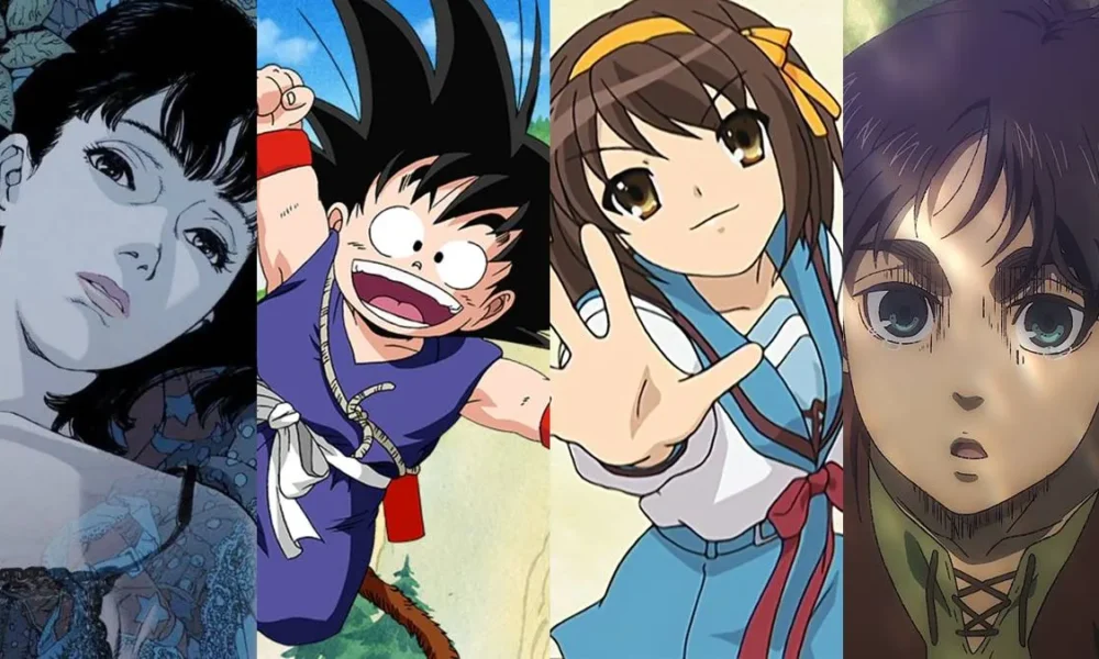 Colagem com quatro animes, de diferentes décadas, com grande relevância e impacto na cultura pop: "Perfect Blue", "Dragon Ball", "Suzumiya Haruhi no Yuuutsu", e "Shingeki no Kyojin".
