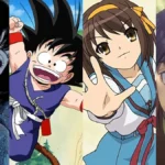 Colagem com quatro animes, de diferentes décadas, com grande relevância e impacto na cultura pop: "Perfect Blue", "Dragon Ball", "Suzumiya Haruhi no Yuuutsu", e "Shingeki no Kyojin".