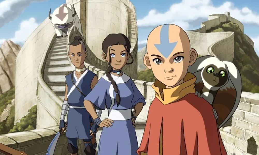 A equipe avatar inicial em "A Lenda de Aang" ("O último mestre do ar") em uma muralha no Reino da Terra.