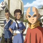 A equipe avatar inicial em "A Lenda de Aang" ("O último mestre do ar") em uma muralha no Reino da Terra.