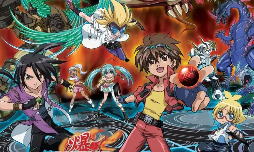 Protagonistas da primeira série de "Bakugan" (2007) junto a seus Bakugan, em pôster do anime.