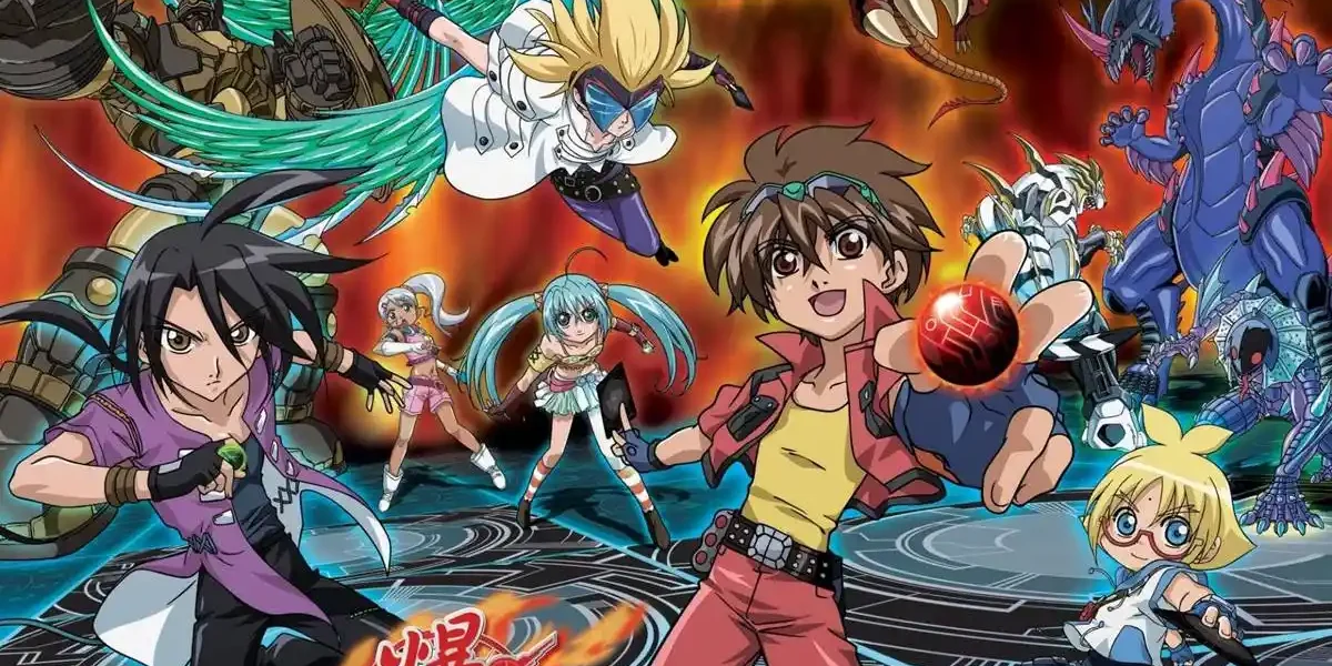 Protagonistas da primeira série de "Bakugan" (2007) junto a seus Bakugan, em pôster do anime.