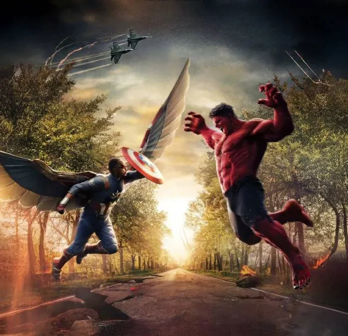 Sam Wilson, o novo Capitão América, com asas estendidas, escudo levantado para enfrentar o Hulk Vermelho em "Capitão América: Admirável Mundo Novo". Batalha se dá em fundo épico no meio de uma rua, cada um de um lado. Imagem promocional.