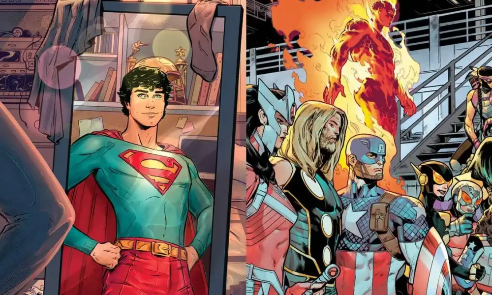 Superman à esquerda e Vingadores à direita, conforme quadrinhos. Imagem criada pelo site para representar um crossover anunciado entre DC e Marvel.