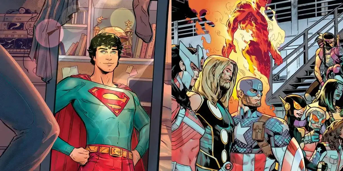 Marvel e DC Anunciam Crossover para 2025 Superman à esquerda e Vingadores à direita, conforme quadrinhos. Imagem criada pelo site para representar um crossover anunciado entre DC e Marvel.