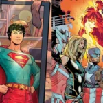 Superman à esquerda e Vingadores à direita, conforme quadrinhos. Imagem criada pelo site para representar um crossover anunciado entre DC e Marvel.
