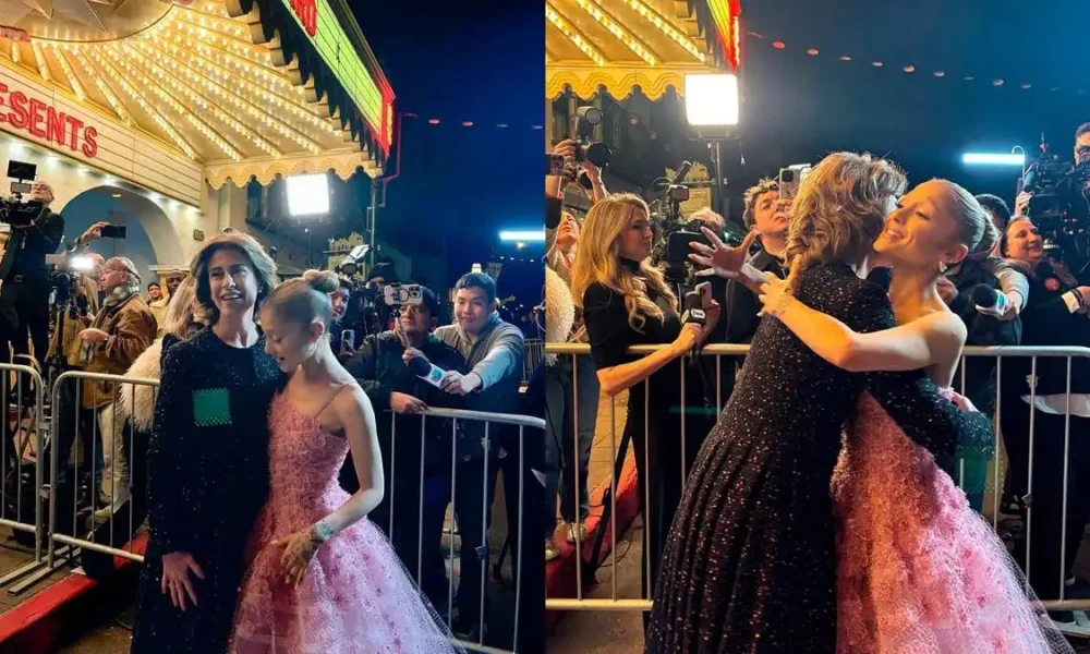 Colagem com duas fotos postadas no instagram de Fernanda Torres no red carpet, registrando seu encontro e abraço com a atriz Ariana Grande no Santa Barbara International Film Festival de 2025.