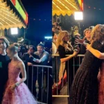 Colagem com duas fotos postadas no instagram de Fernanda Torres no red carpet, registrando seu encontro e abraço com a atriz Ariana Grande no Santa Barbara International Film Festival de 2025.