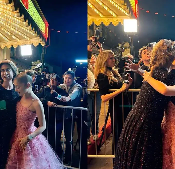 Colagem com duas fotos postadas no instagram de Fernanda Torres no red carpet, registrando seu encontro e abraço com a atriz Ariana Grande no Santa Barbara International Film Festival de 2025.