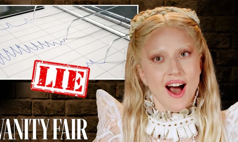 Lady Gaga boquiaberta em thumbnail da Vanity Fair sobre entrevista com teste do polígrafo com a cantora.