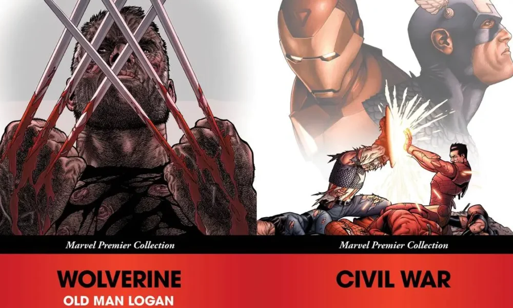 Capas de "Wolverine: Old Man Logan" e "Civil War", da Marvel Premier Collection.
