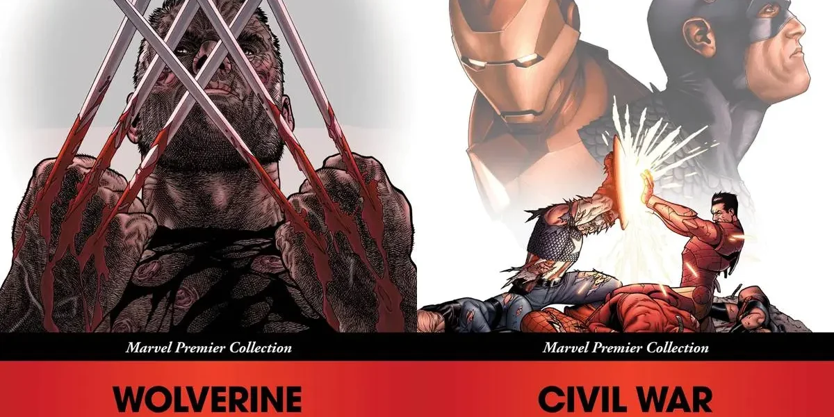 Capas de "Wolverine: Old Man Logan" e "Civil War", da Marvel Premier Collection.