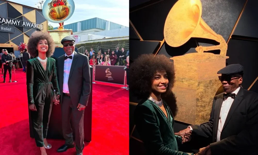 Colagem de fotos de Esperanza Spalding e Milton Nascimento (nas duas fotos ela está à esquerda). Eles estão vestidos com roupas de gala para a cerimônia do Grammy 2025.