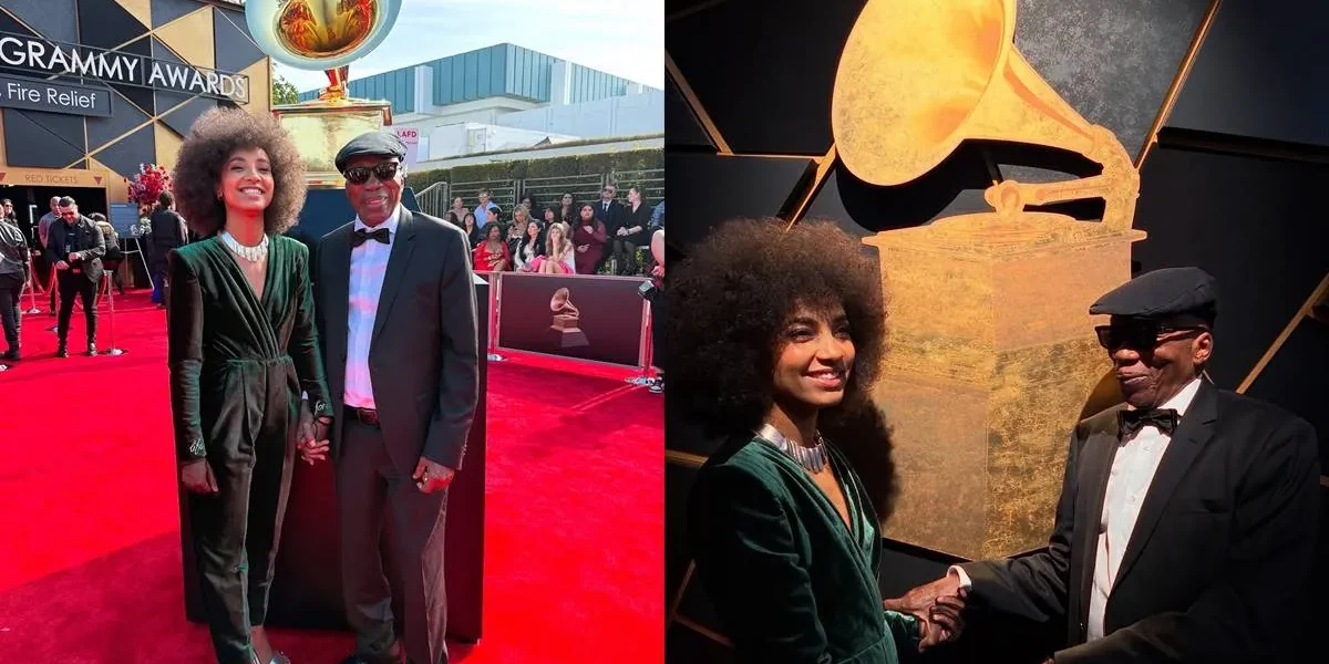 Colagem de fotos de Esperanza Spalding e Milton Nascimento (nas duas fotos ela está à esquerda). Eles estão vestidos com roupas de gala para a cerimônia do Grammy 2025.