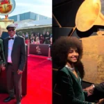 Colagem de fotos de Esperanza Spalding e Milton Nascimento (nas duas fotos ela está à esquerda). Eles estão vestidos com roupas de gala para a cerimônia do Grammy 2025.
