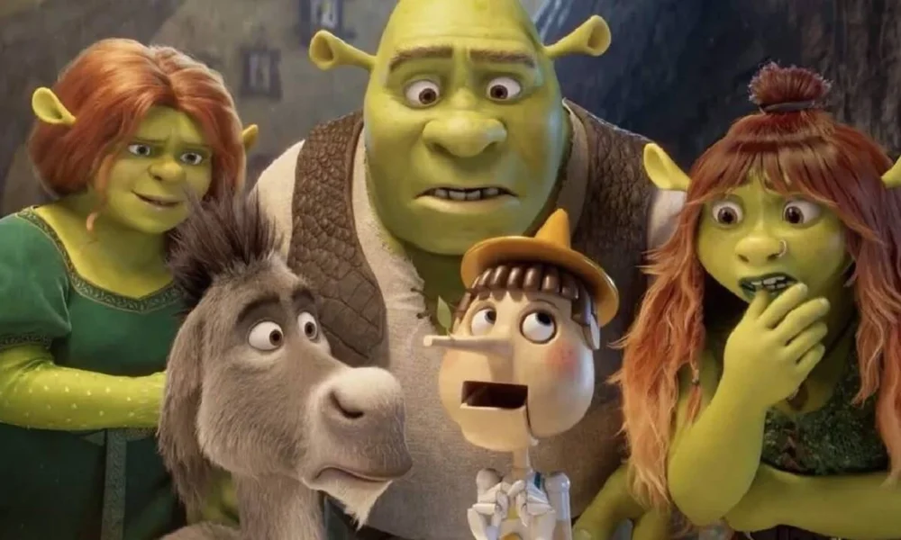 Em sentido horário a partir do centro: Shrek, Felicia, Pinóquio, Burro, e Fiona encarando com alguma surpresa para Pinóquio no primeiro trailer/teaser de "Shrek 5'.