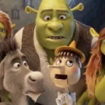 Em sentido horário a partir do centro: Shrek, Felicia, Pinóquio, Burro, e Fiona encarando com alguma surpresa para Pinóquio no primeiro trailer/teaser de "Shrek 5'.