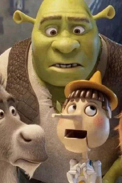 Em sentido horário a partir do centro: Shrek, Felicia, Pinóquio, Burro, e Fiona encarando com alguma surpresa para Pinóquio no primeiro trailer/teaser de "Shrek 5'.