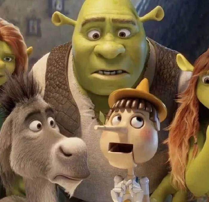 Em sentido horário a partir do centro: Shrek, Felicia, Pinóquio, Burro, e Fiona encarando com alguma surpresa para Pinóquio no primeiro trailer/teaser de "Shrek 5'.