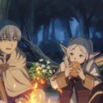 Himmel, Frieren, e Heiter, do anime "Sousou no Frieren", de noite ao redor de uma fogueira. Os rapazes conversam enquanto a elfa come pão.