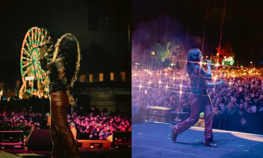 Colagem com duas fotos de Alanis Morissette no palco em show em Bogotá.