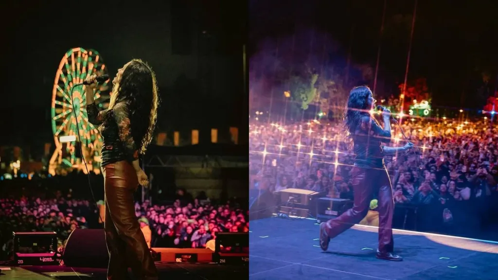 Colagem com duas fotos de Alanis Morissette no palco em show em Bogotá.