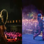 Colagem com duas fotos de Alanis Morissette no palco em show em Bogotá.